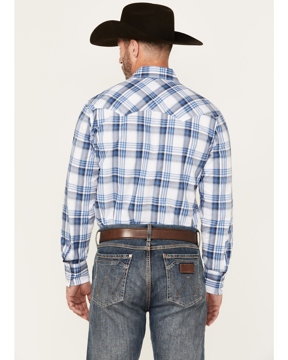 Image #4 - Wrangler Retro Men's Plaid Print Long Sleeve Snap Western Shirt, Blue, hi-res