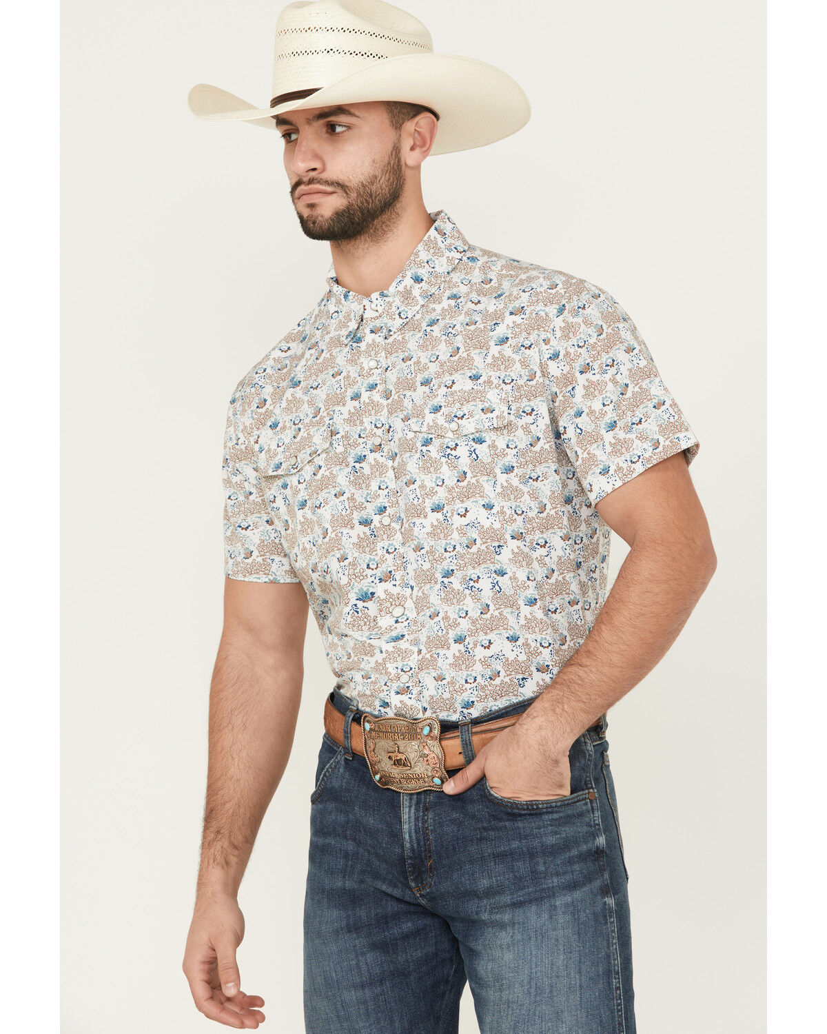 Image #1 - Panhandle Men's Cactus Print Short Sleeve Snap Western Shirt, Natural, hi-res