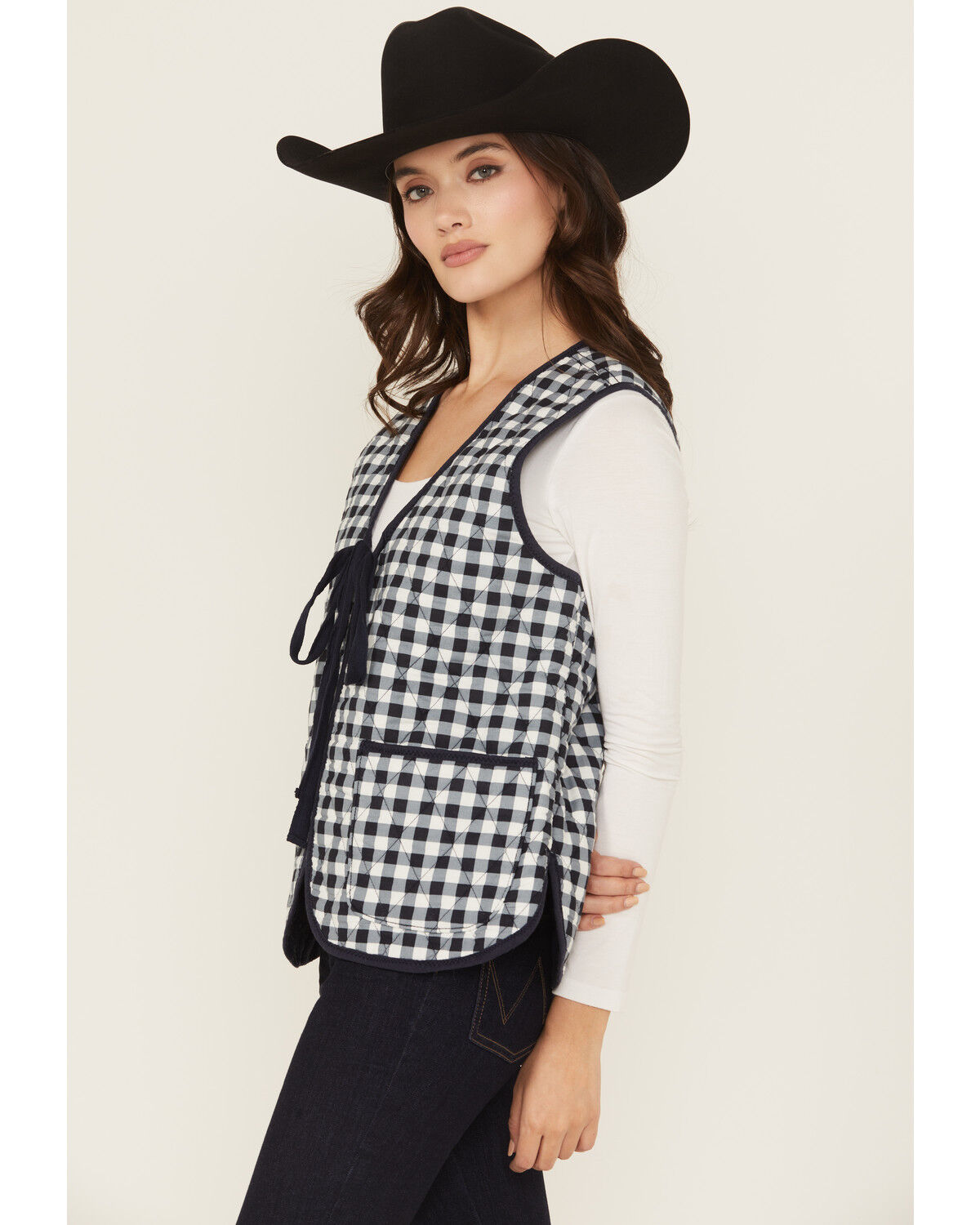 Image #2 - Free People Women's Claudine Gingham Tie Front Vest, Navy, hi-res