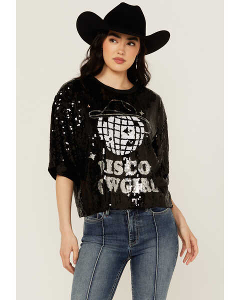 Mainstrip Women's Disco Cowgirl Sequins Short Sleeve Graphic Tee, Black, hi-res