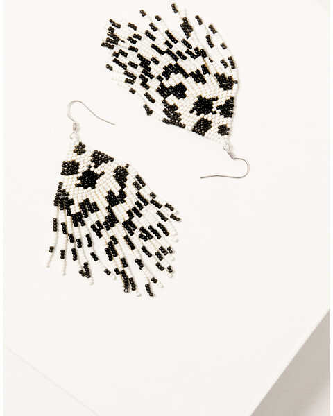 Image #1 - Shyanne Women's Night Dreamer Beaded Cowhide Print Fringe Earrings, Silver, hi-res