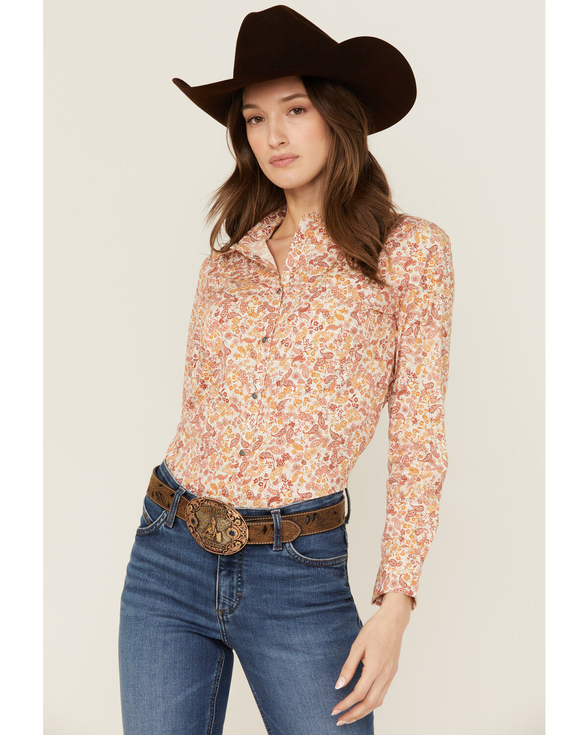 Image #1 - Shyanne Women's Paisley Print Long Sleeve Snap Stretch Western Shirt, Gold, hi-res