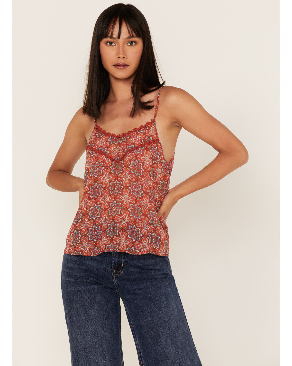 Image #2 - Wild Moss Women's Medallion Print Crochet Trim Cami, Red, hi-res