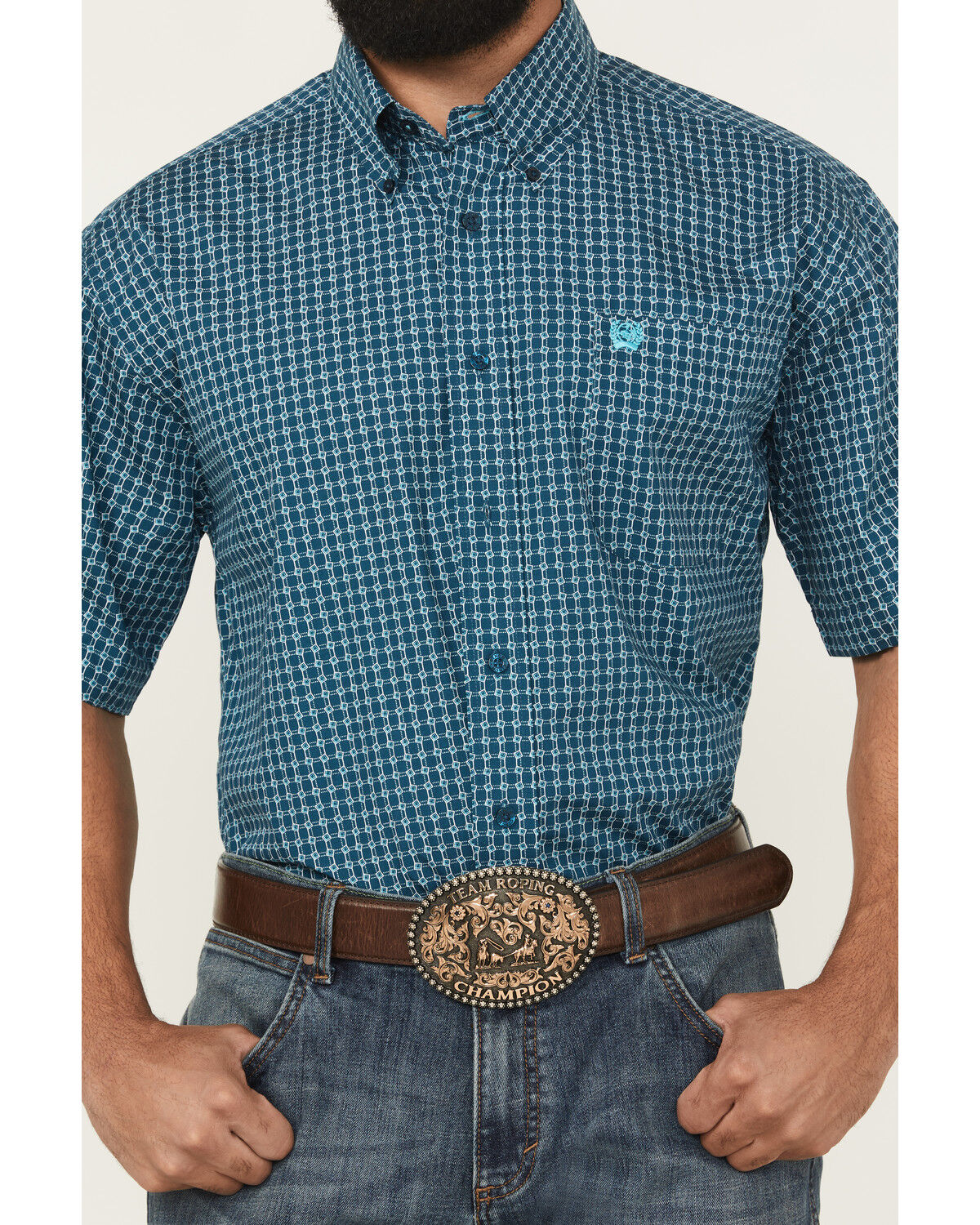 Image #3 - Cinch Men's Geo Print Short Sleeve Button-Down Western Shirt, Blue, hi-res