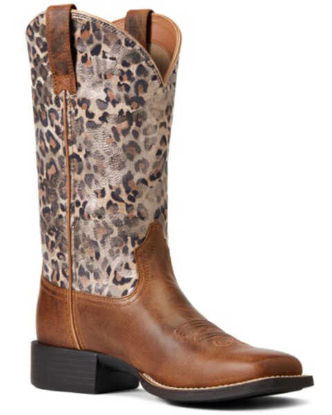 Ariat Women's Round Up Leopard Print Western Performance Boots - Broad Square Toe, Brown, hi-res