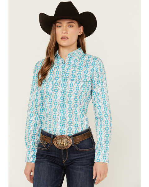 Cowboy Hardware Women's Southwestern Print Long Sleeve Snap Western Shirt , Turquoise, hi-res