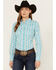 Image #1 - Cowboy Hardware Women's Southwestern Print Long Sleeve Snap Western Shirt , Turquoise, hi-res