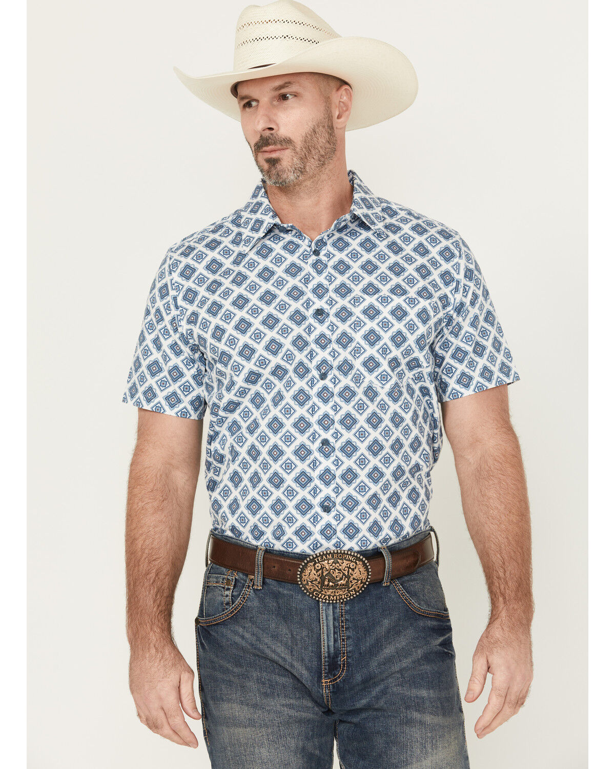 Image #1 - Gibson Trading Co Men's Bowling Alley Medallion Short Sleeve Button-Down Stretch Western Shirt, White, hi-res
