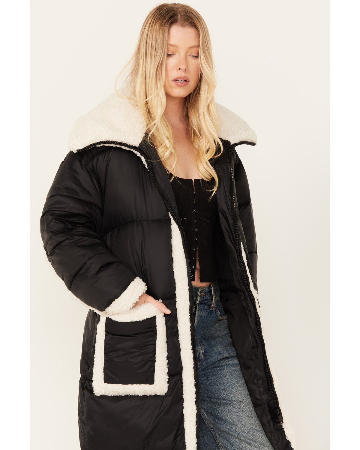 Image #2 - Room 34 Women's Sherpa Puffer Coat, Black, hi-res