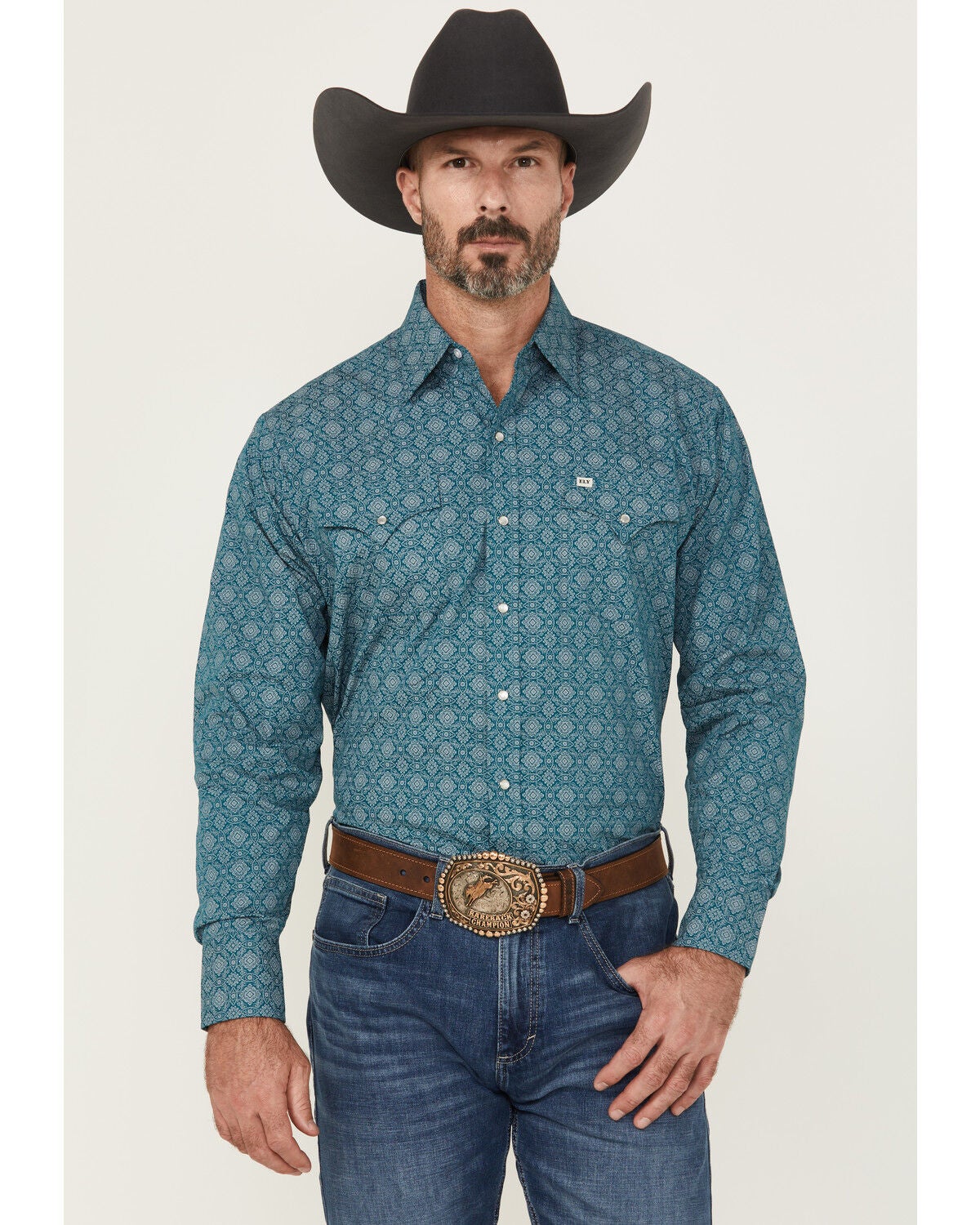 Ely Walker Men's Medallion Print Long Sleeve Pearl Snap Western Shirt, Teal, hi-res