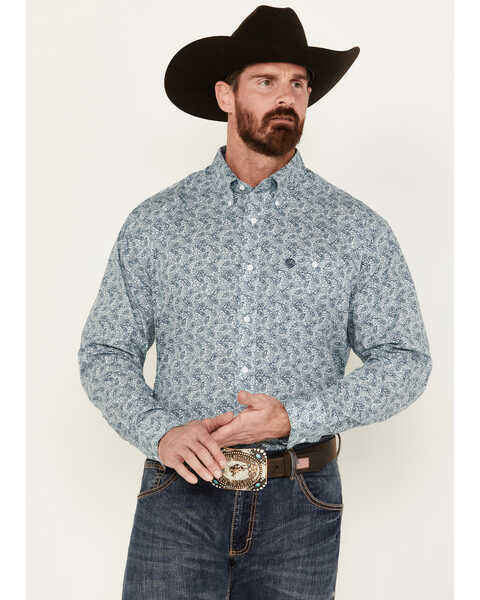 George Strait by Wrangler Men's Paisley Print Long Sleeve Button-Down Western Shirt - Tall, Aqua, hi-res