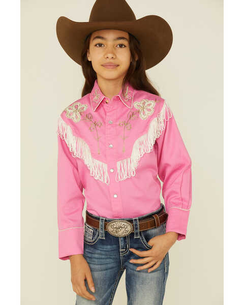 Rockmount Ranchwear Girls' Embroidered Vintage Fringe Long Sleeve Pearl Snap Western Shirt, Pink, hi-res