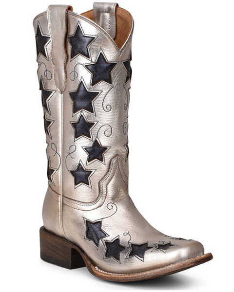 Girls' Corral Stars Cowgirl Boot - Square Toe, Blue/silver, hi-res