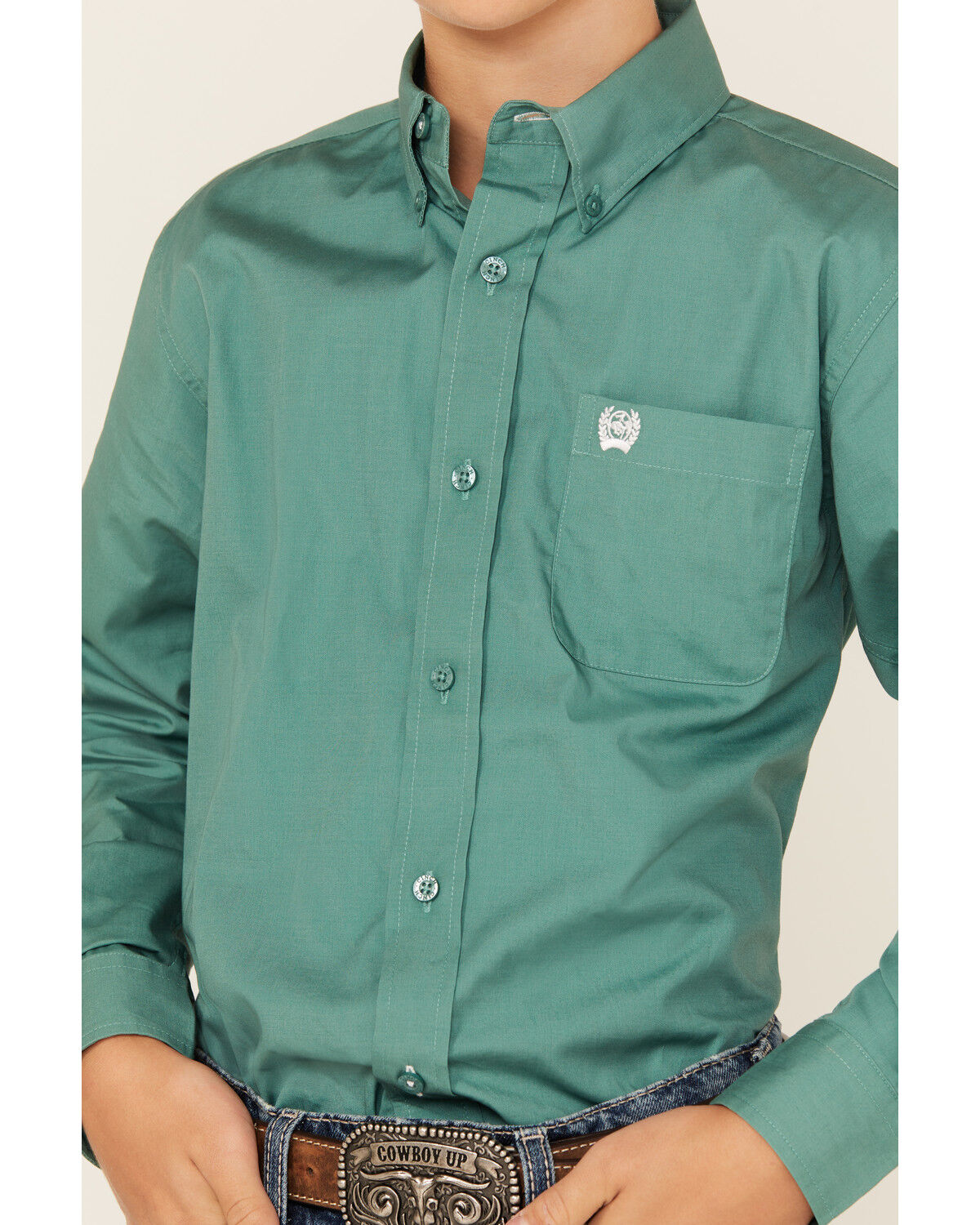 Image #3 - Cinch Boys' Solid Long Sleeve Button-Down Western Shirt, Green, hi-res