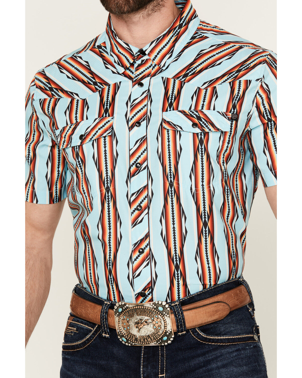 Image #3 - Rock & Roll Denim Men's Tek Southwestern Striped Short Sleeve Snap Western Shirt, Turquoise, hi-res