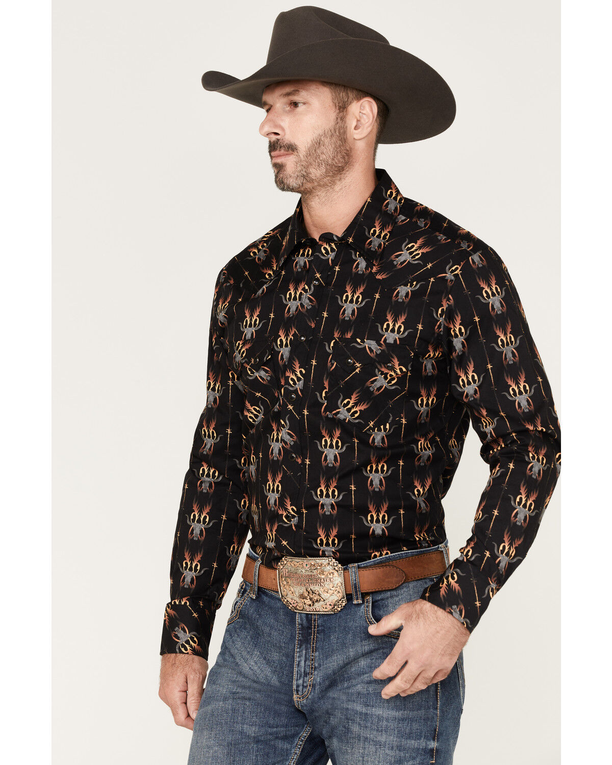 Image #2 - Dale Brisby Men's Stretch Antler Bull Skull Print Western Shirt, Black, hi-res