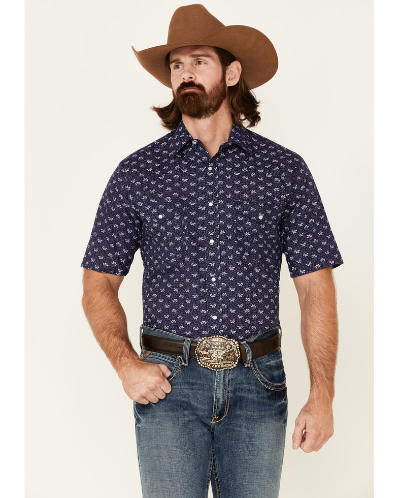 Roper Men's Floral Print Short Sleeve Snap Western Shirt , Navy, hi-res