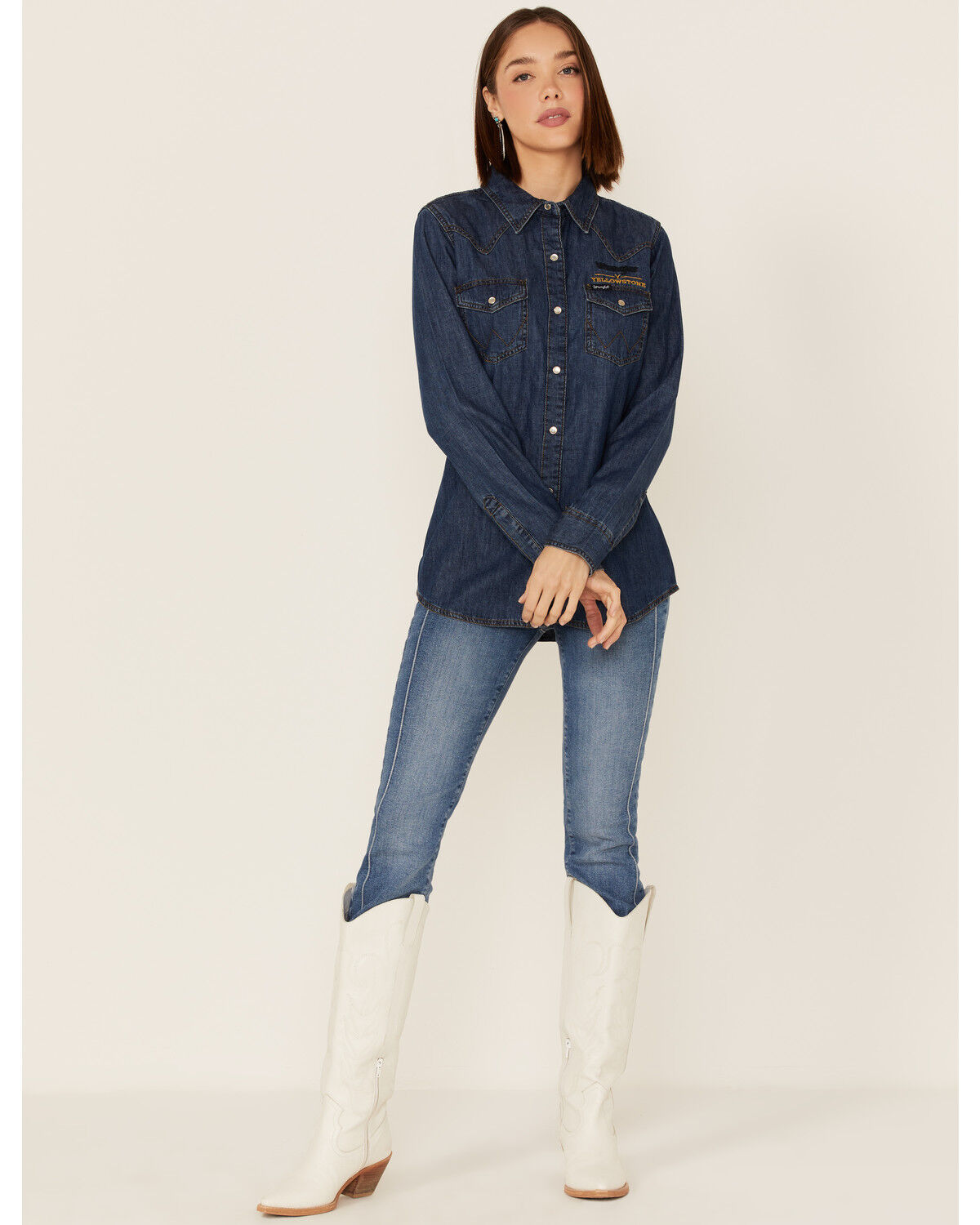 Image #2 - Wrangler X Yellowstone Women's Metallic Screen Print Pearl Snap Denim Shirt, , hi-res