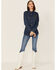 Image #2 - Wrangler X Yellowstone Women's Metallic Screen Print Pearl Snap Denim Shirt, , hi-res