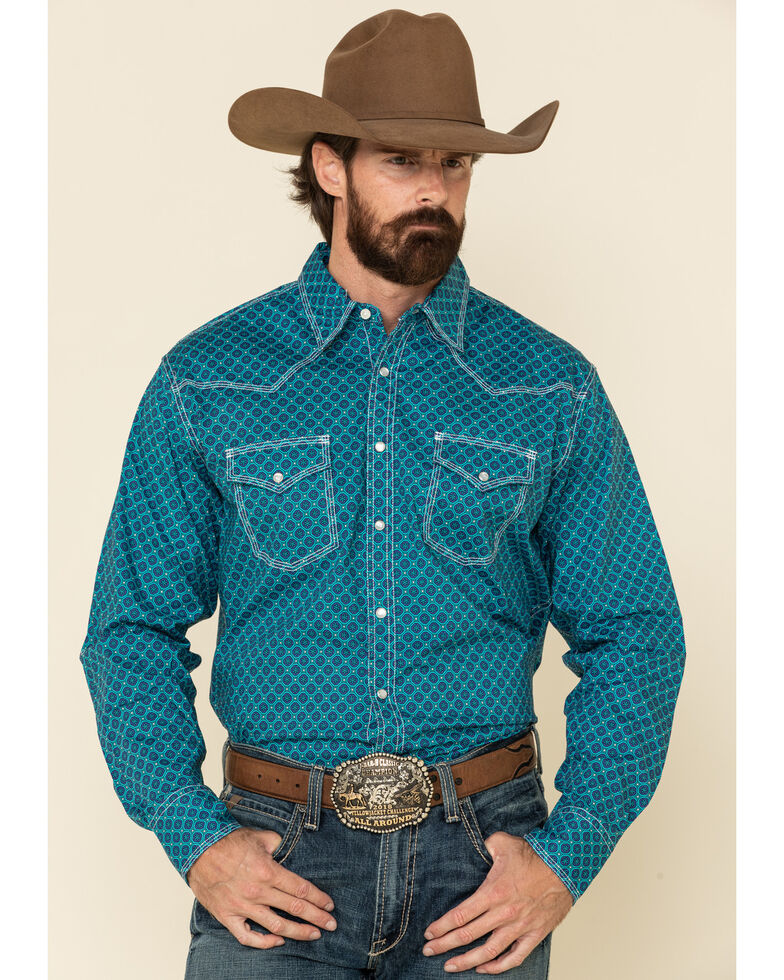 Wrangler 20X Men's Advanced Comfort Blue Geo Print Long Sleeve Western Shirt , Blue, hi-res