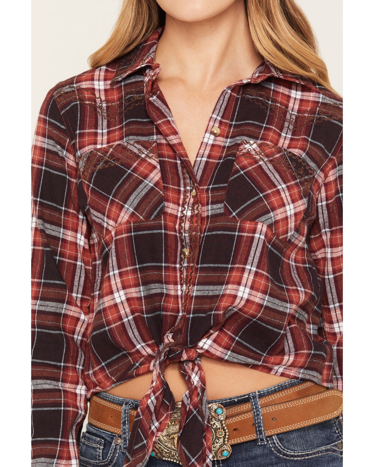 Image #3 - Shyanne Women's Hansen Embroidered Plaid Print Long Sleeve Button-Down Tie-Front Top, Saddle, hi-res