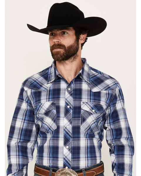 Image #1 - Wrangler 20X Men's Plaid Print Long Sleeve Snap Western Shirt, Navy, hi-res