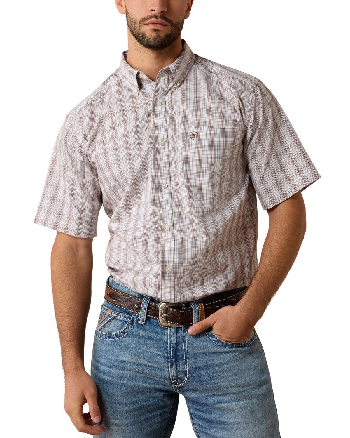 Image #1 - Ariat Men's Clyde Plaid Print Short Sleeve Button-Down Western Shirt, White, hi-res