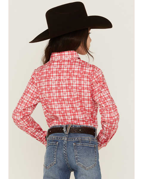 Image #4 - Panhandle Girls' Heart Plaid Print Long Sleeve Pearl Snap Western Shirt, Pink, hi-res