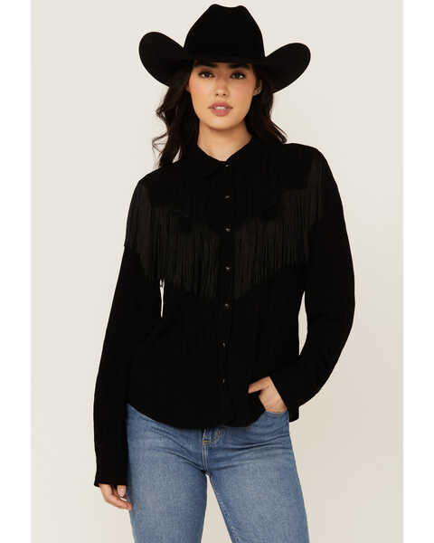 Idyllwind Women's Etta Fringe Long Sleeve Snap Western Shirt , Black, hi-res
