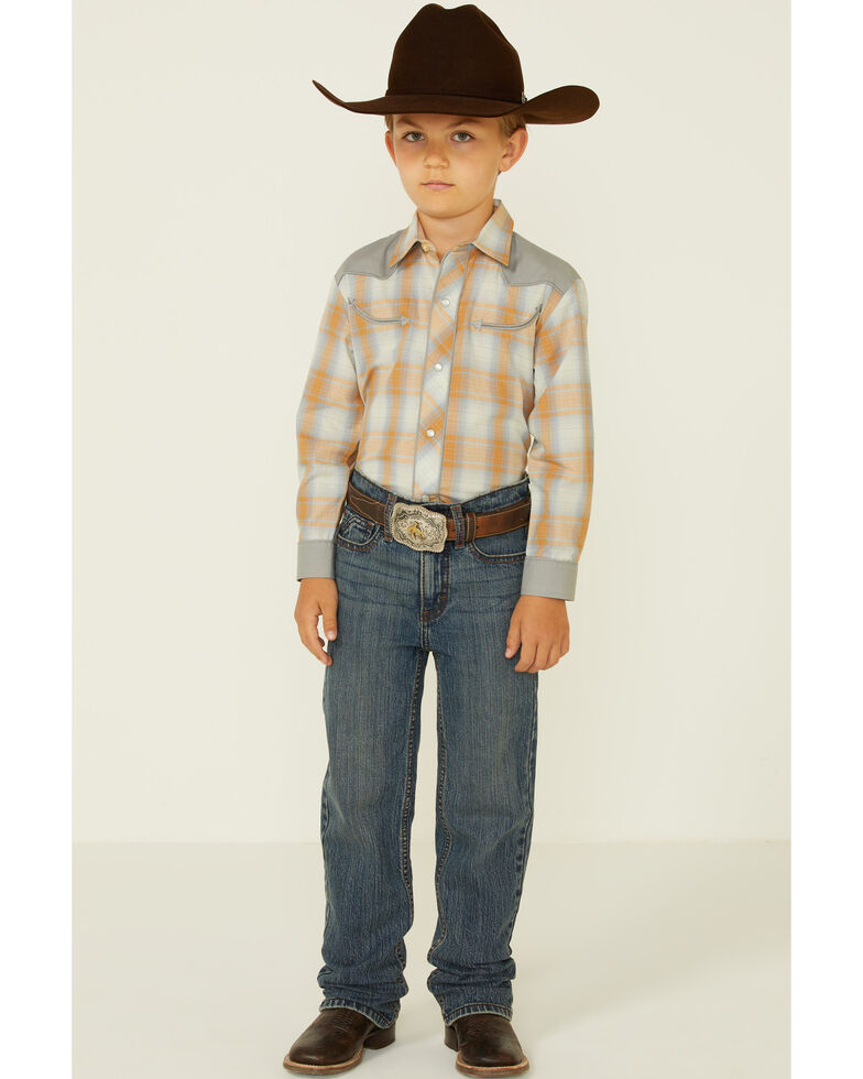 Roper Boys' Orange Plaid Contrast Yoke Long Sleeve Snap Western Shirt , Grey, hi-res