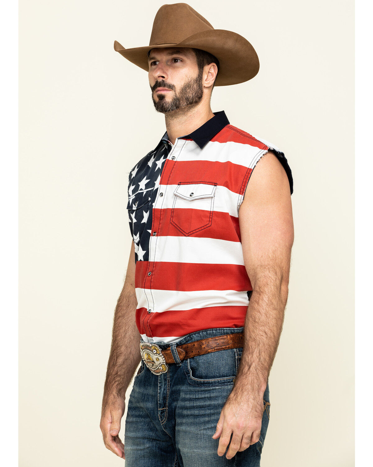 Image #3 - Cody James Men's American Flag Bubba Sleeveless Western Shirt, Red, hi-res