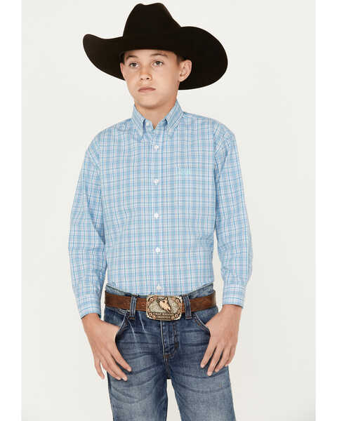 Image #1 - Panhandle Select Boys' Small Plaid Print Long Sleeve Button Down Western Shirt , Turquoise, hi-res