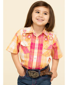 Shyanne Toddler Girls' Orange & Pink Medium Plaid Snap Short Sleeve Western Shirt, Orange, hi-res