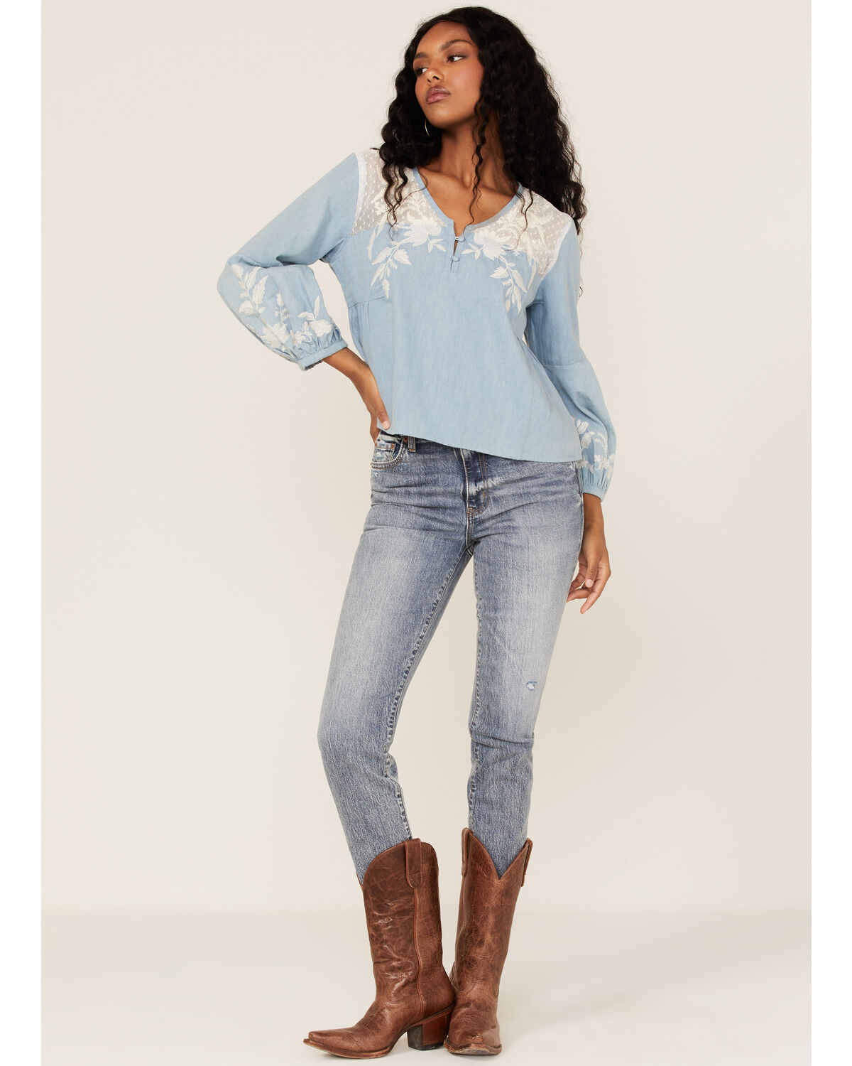 Image #2 - Roper Women's Denim Lace Embroidered Floral Peasant Top, Blue, hi-res