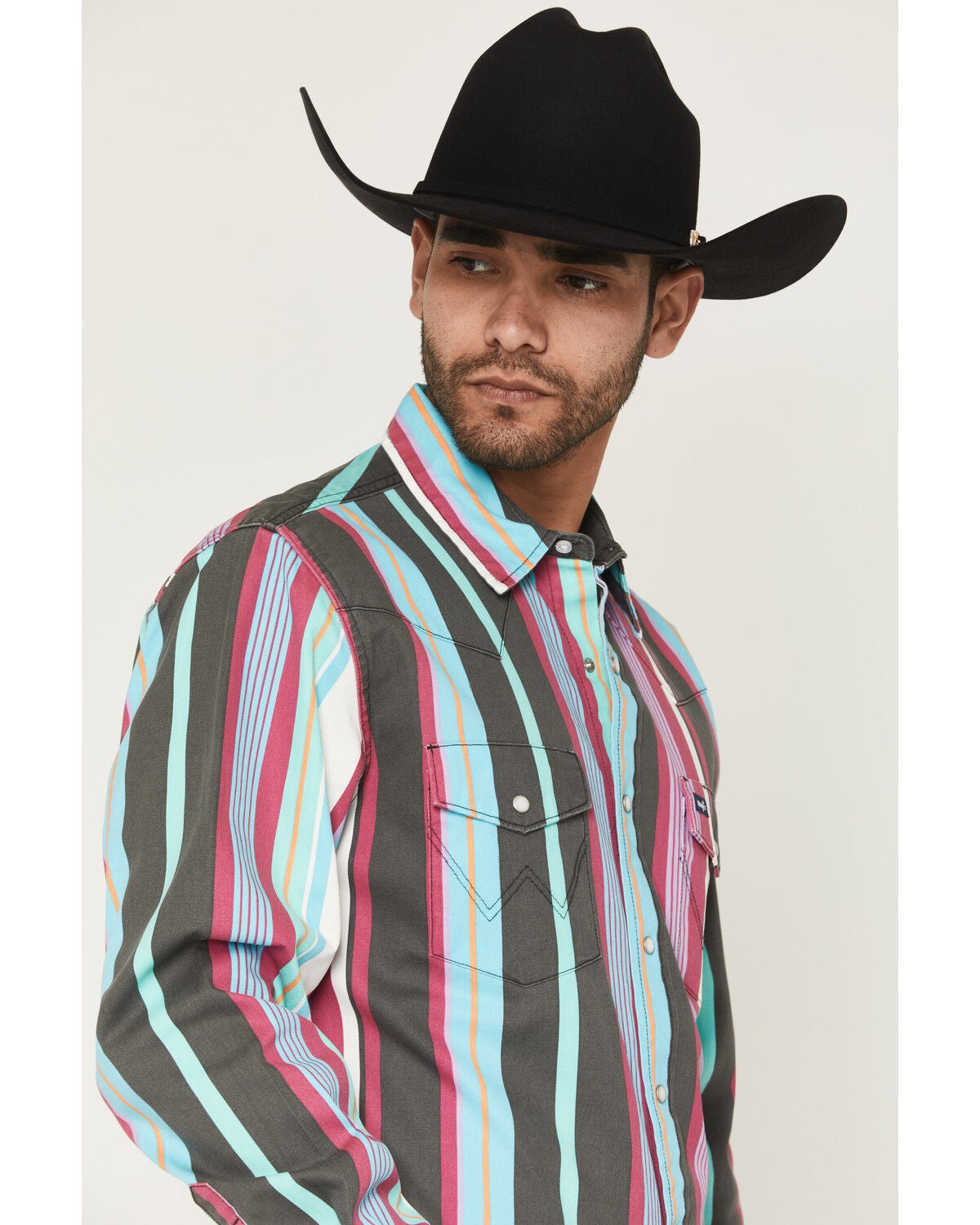 Image #2 - Wrangler Men's Brushpopper Denim Striped Long Sleeve Snap Western Shirt, Multi, hi-res