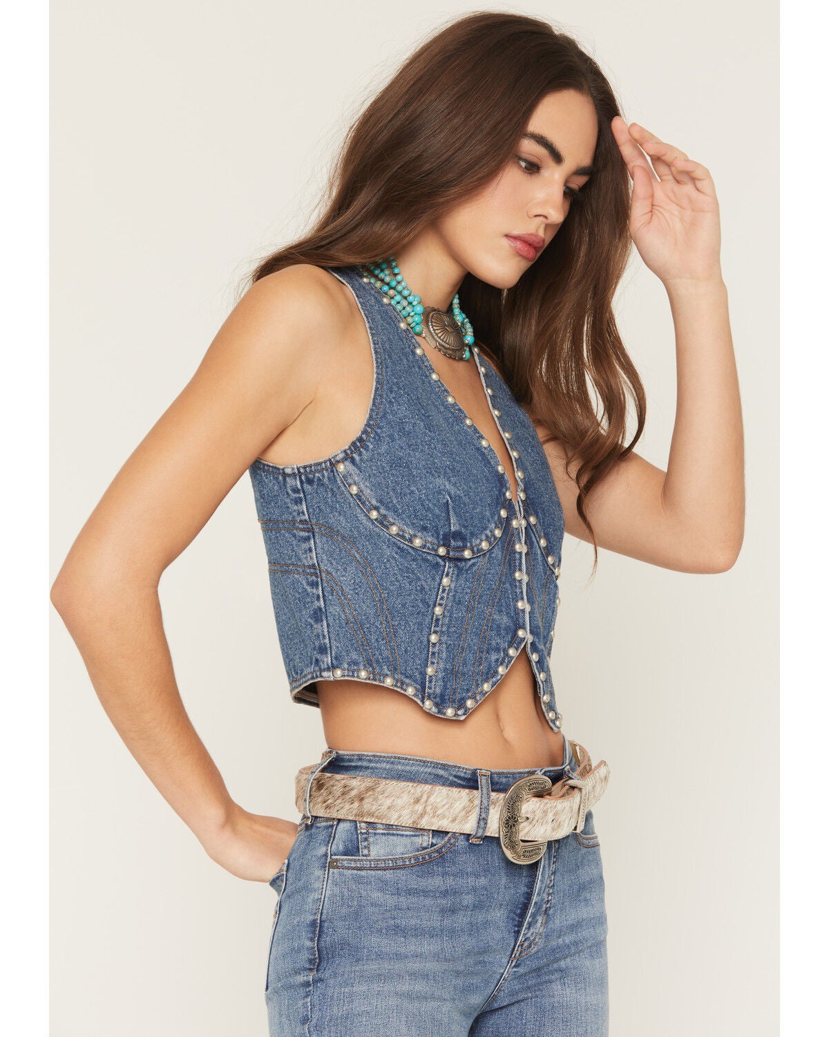 Image #2 - Blue B Women's Medium Wash Studded Denim Vest, Medium Wash, hi-res
