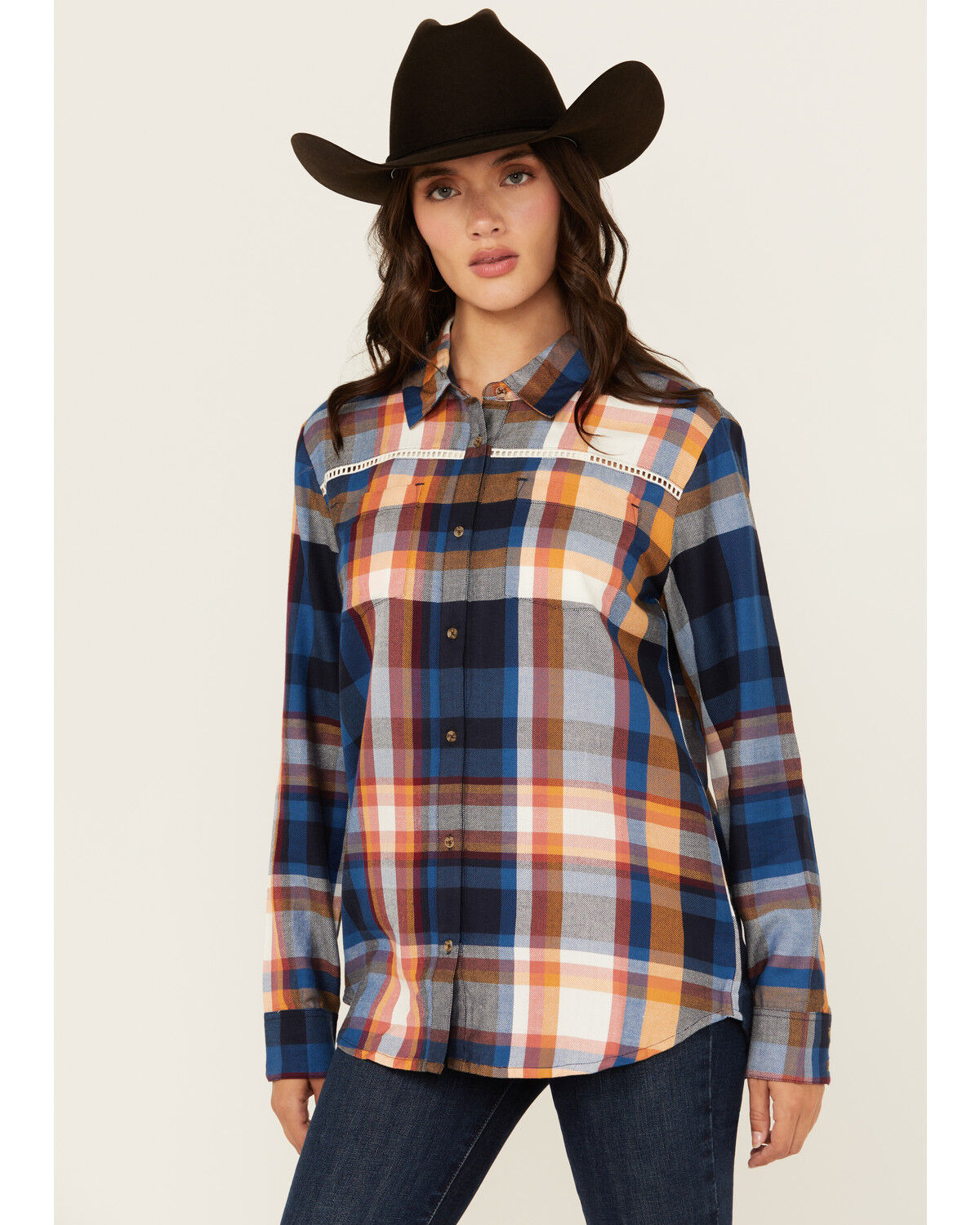 Image #1 - Shyanne Women's Plaid Print Ladder Lace Trim Long Sleeve Button-Down Flannel Shirt, Navy, hi-res