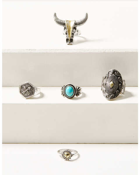 Image #1 - Shyanne Women's Cactus Rose Longhorn 5-Piece Ring Set , Silver, hi-res