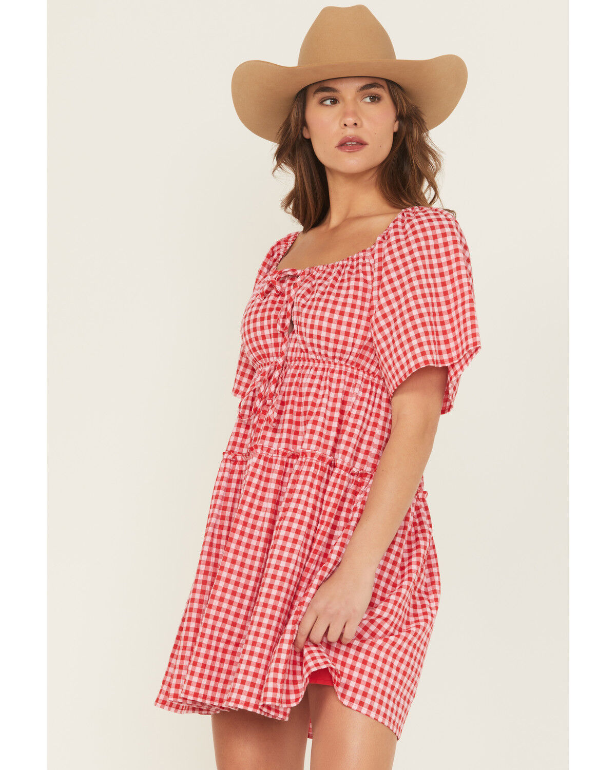Image #2 - Blue B Women's Gingham Short Sleeve Tie-Front Mini Dress, Red, hi-res