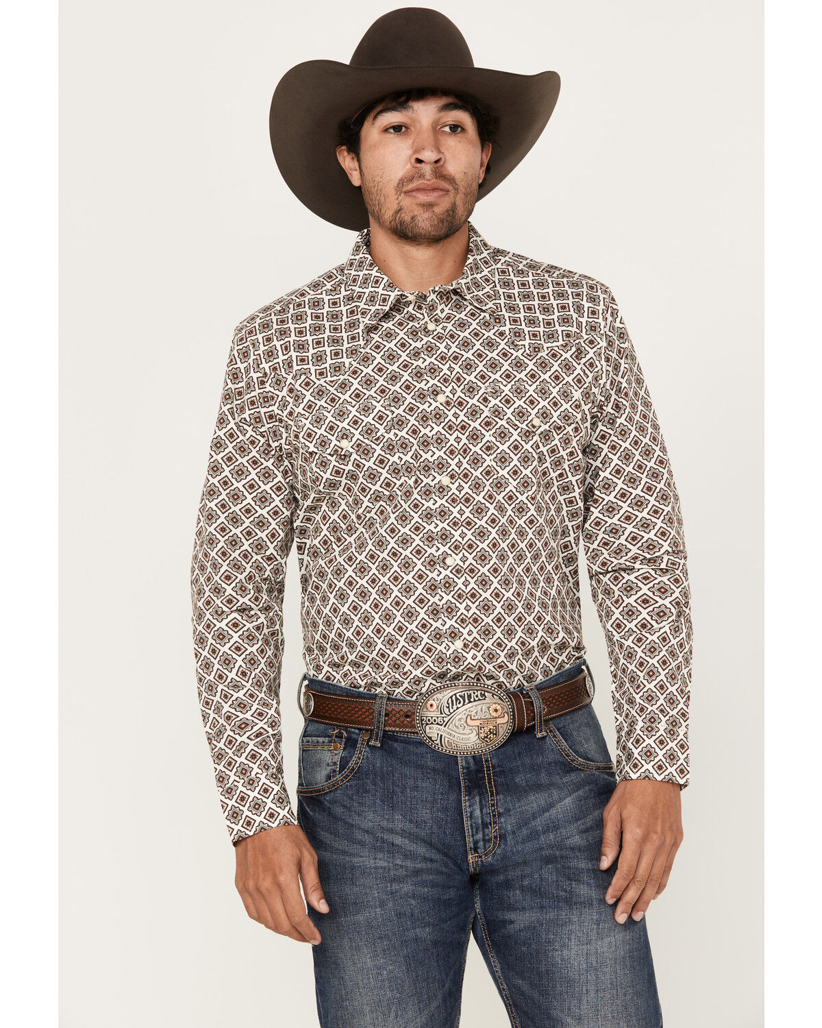 Image #1 - Gibson Men's Railroad Medallion Print Long Sleeve Pearl Snap Western Shirt, Ivory, hi-res