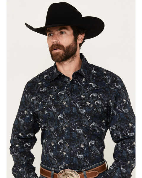 Wrangler Retro Men's Premium Paisley Print Long Sleeve Snap Western Shirt, Navy, hi-res