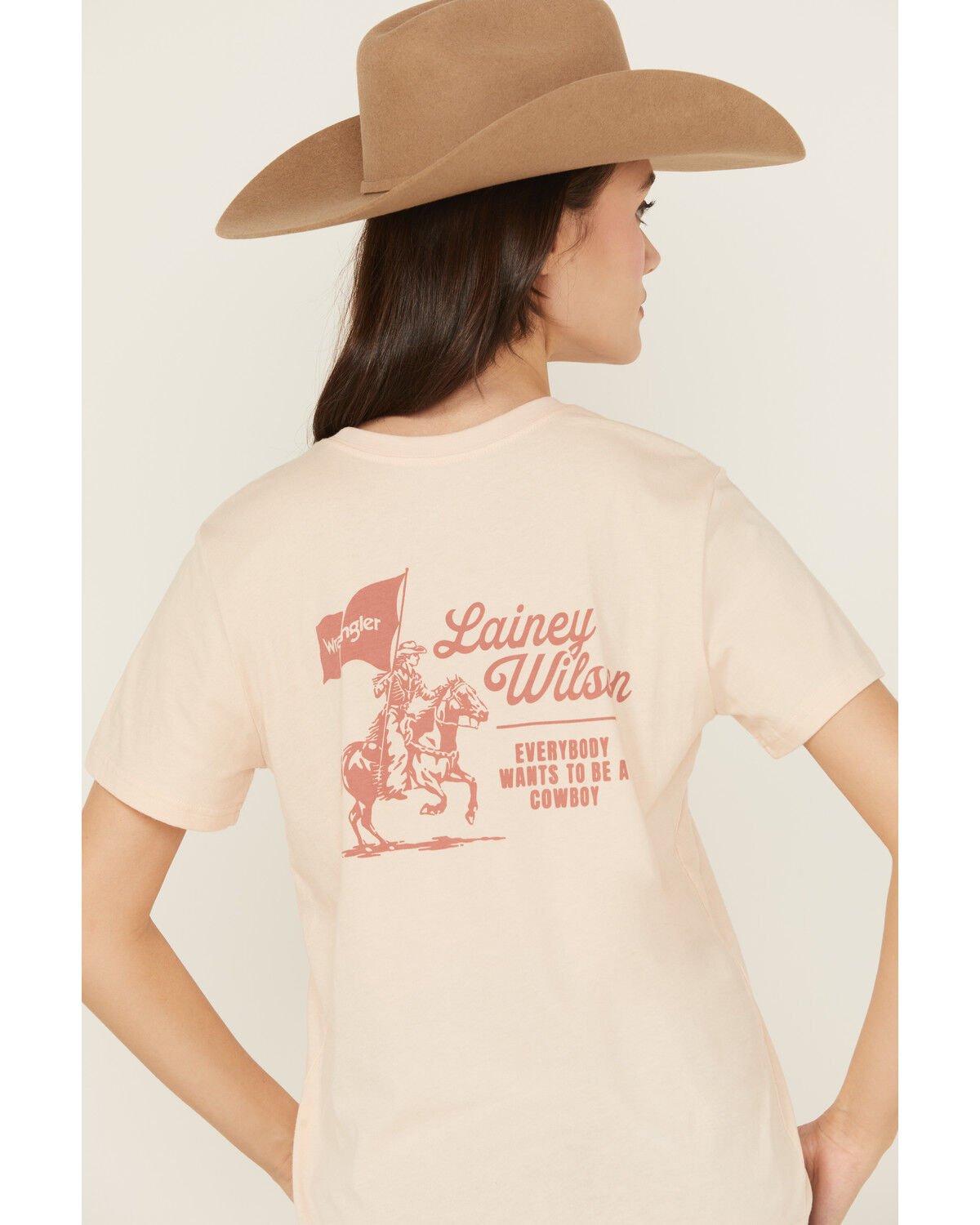 Image #1 - Wrangler X Lainey Wilson Women's Everybody Wants to Be a Cowboy Short Sleeve Graphic Tee, Pink, hi-res