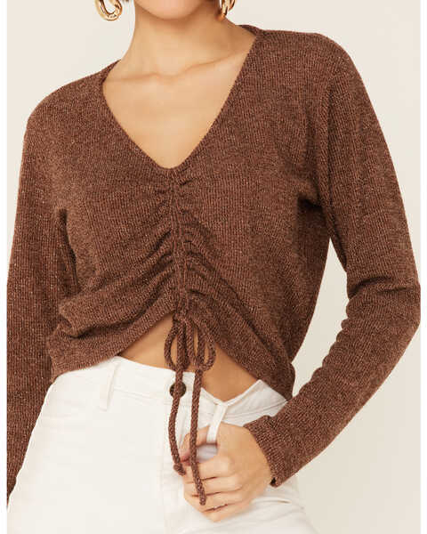 Image #2 - Wild Moss Women's Brown Ribbed Lurex Cinch Front Knit Top, Brown, hi-res