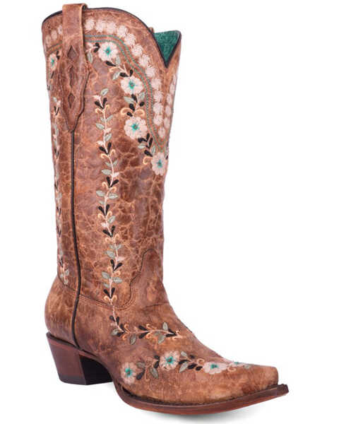 Corral Women's Flowered Embroidery Glow in the Dark Western Boots - Snip Toe, Cognac, hi-res