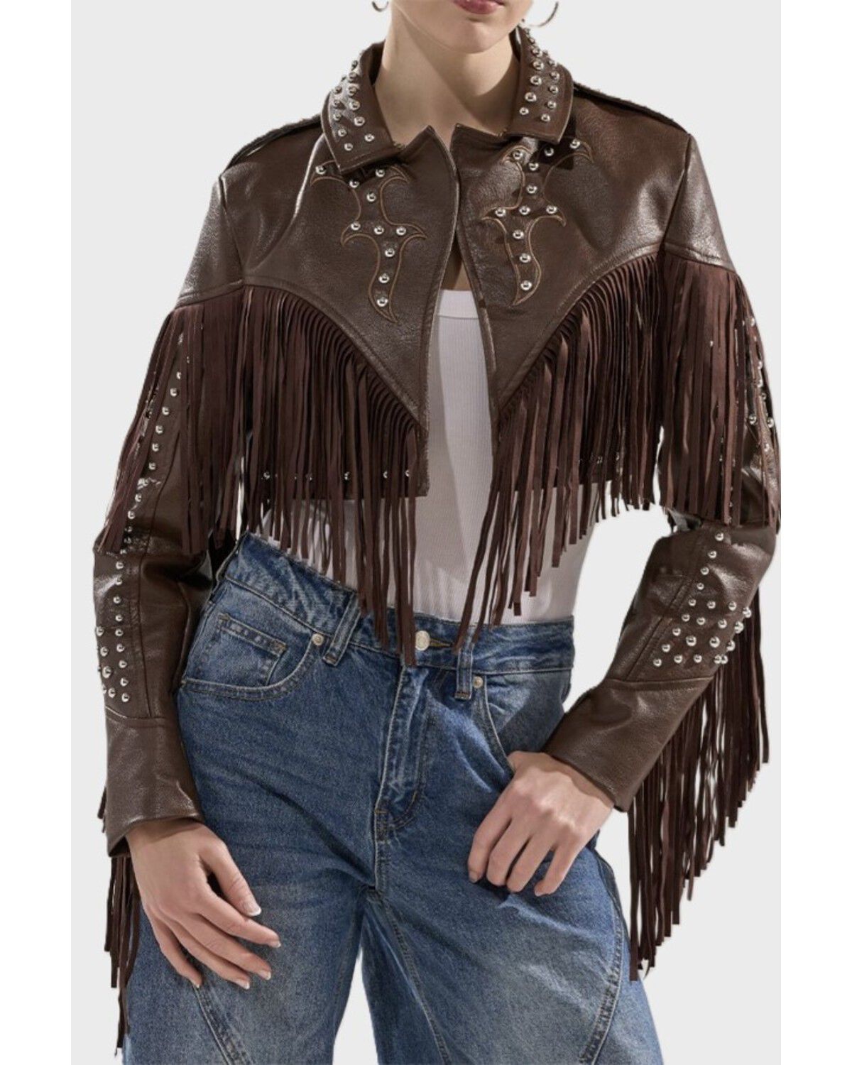 Azalea Wang Women's Reece Faux Leather Fringe Cropped Jacket, Brown, hi-res