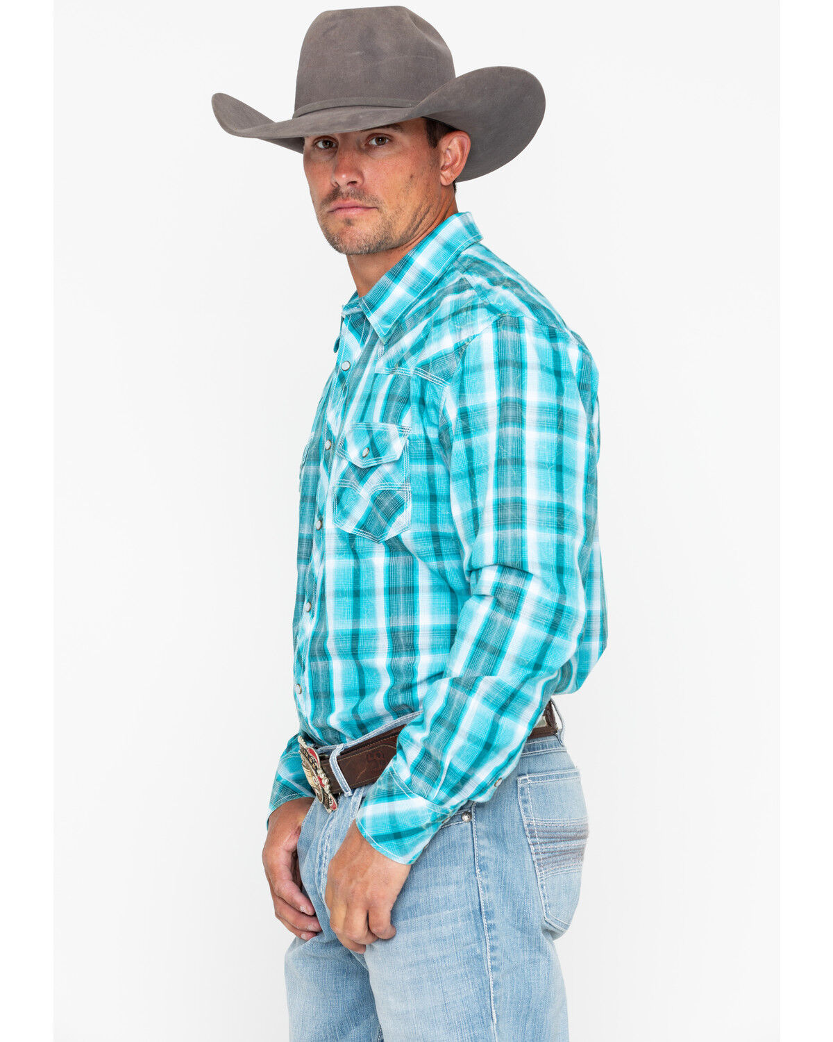 Image #3 - Rock & Roll Denim Men's Poplin Plaid Print Snap Long Sleeve Western Shirt, Blue, hi-res
