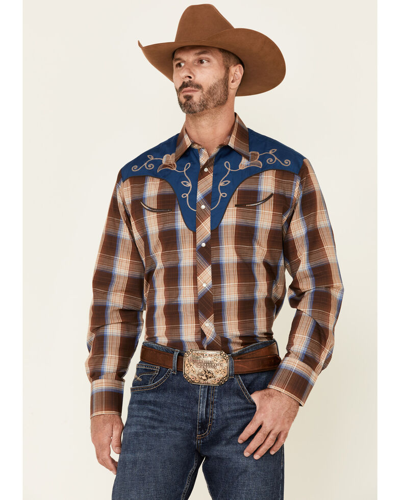 Roper Men's Brown Lurex Plaid Fancy Long Sleeve Snap Western Shirt , Brown, hi-res