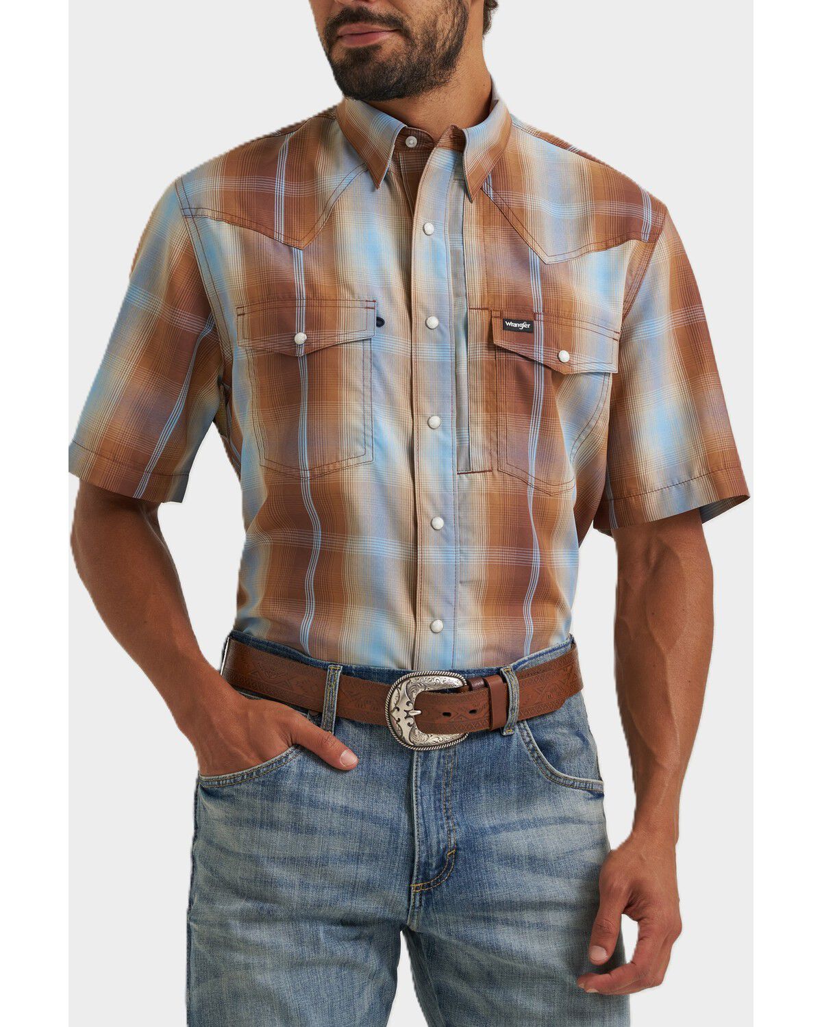 Wrangler ATG Men's Plaid Print Short Sleeve Snap Performance Western Shirt - Big, Multi, hi-res