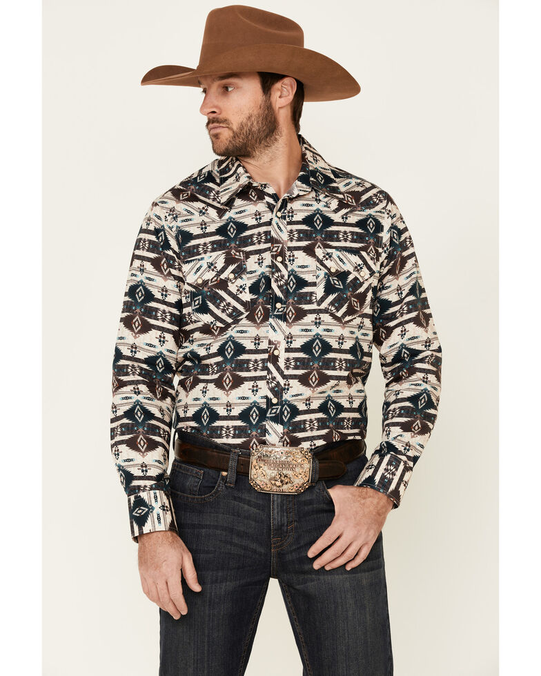 Rock & Roll Denim Men's Teal Southwestern Print Snap Long Sleeve Western Shirt , Teal, hi-res