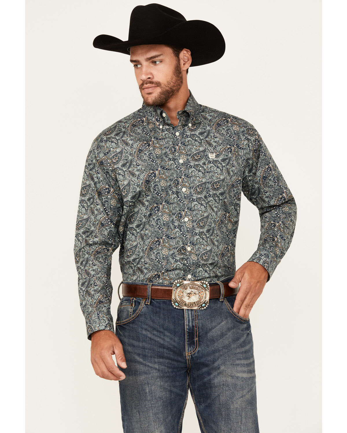 Image #1 - Cinch Men's Paisley Print Long Sleeve Button-Down Stretch Western Shirt, Teal, hi-res
